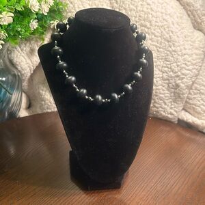 Black beaded necklace with tiny silver bead and black Aurora Borealis beads